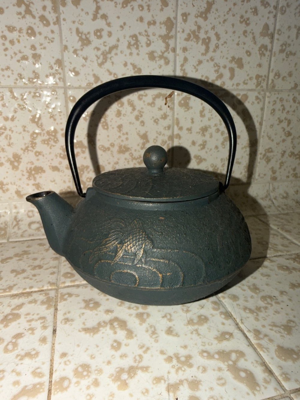Cast Iron Teapot with Dragon Relief - Dark Green